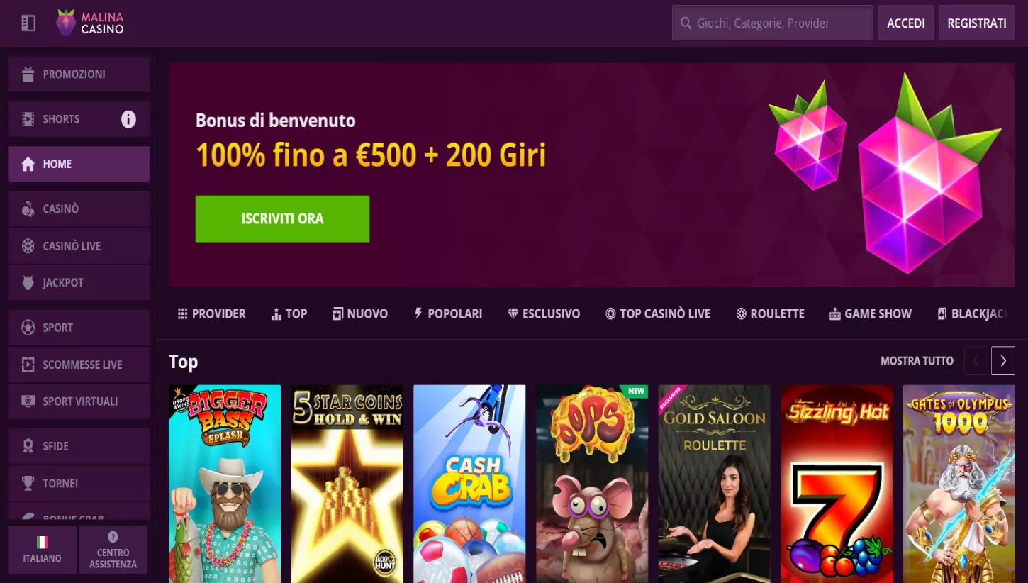 Pagina principale di Malina Casino